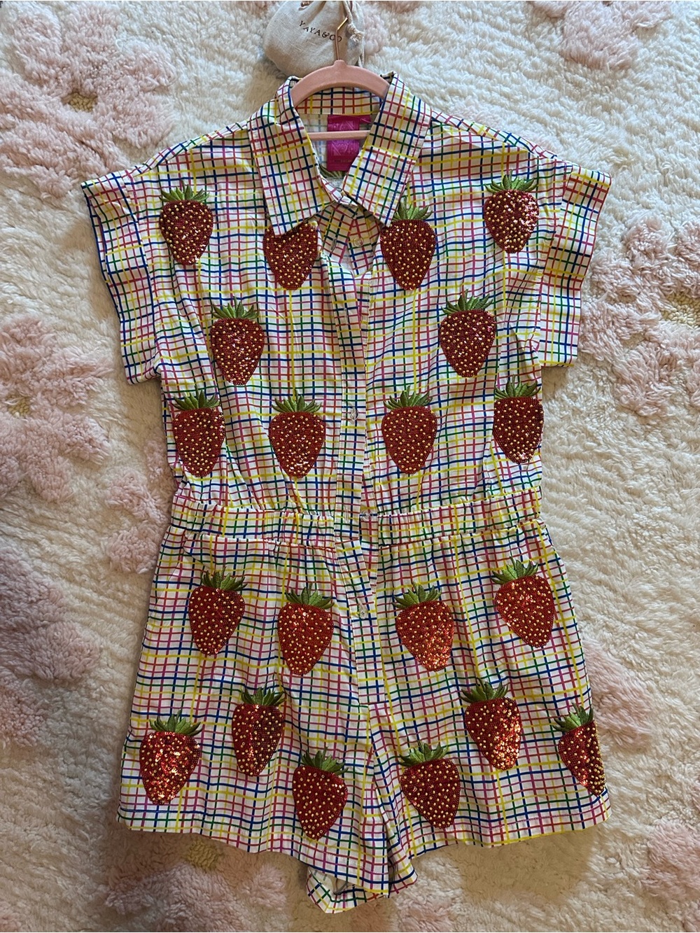Strawberry Plaid Romper with Sequin Fruit Appliqués QUEEN OF SPARKLES